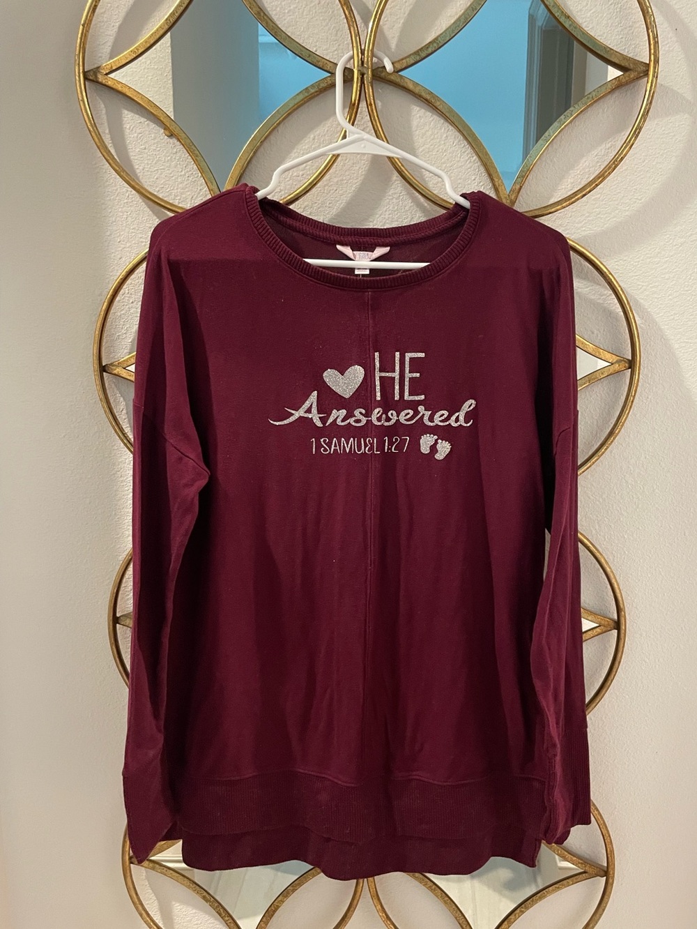 Burgundy "He Answered" Maternity oversized Sweatshirt